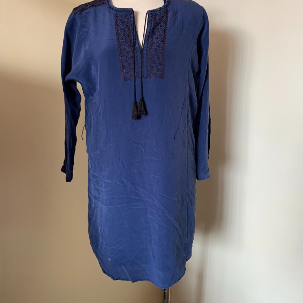 MADEWELL BLUE TUNIC Embroidered DRESS WITH TASSELS SIZE S FULLY LINED 100% SILK